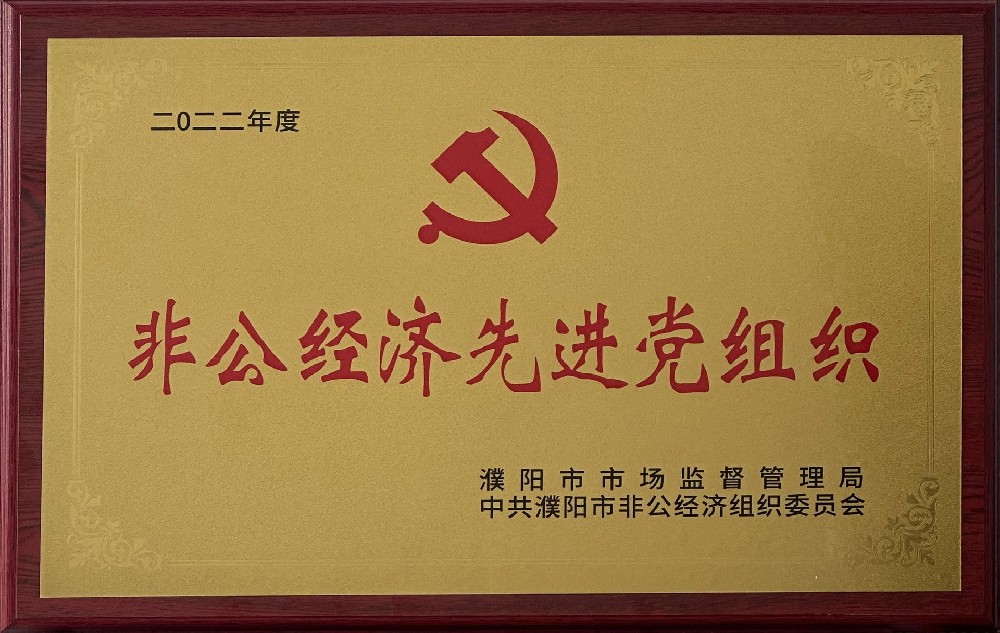 被濮阳市市场监督管理局、中共濮阳市非公经济组织委员会评为2022年度非公经济先进党组织